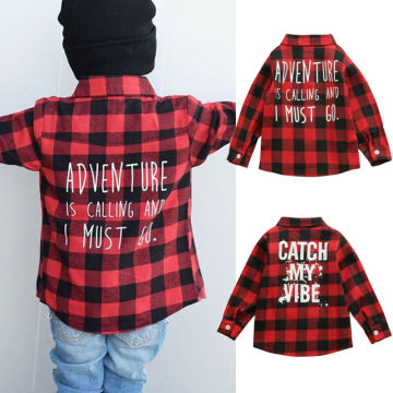 1-6Y toddler kid baby boy girl shirt red plaid letter print long sleeves Blouse autumn fashion outdoor children clothes top