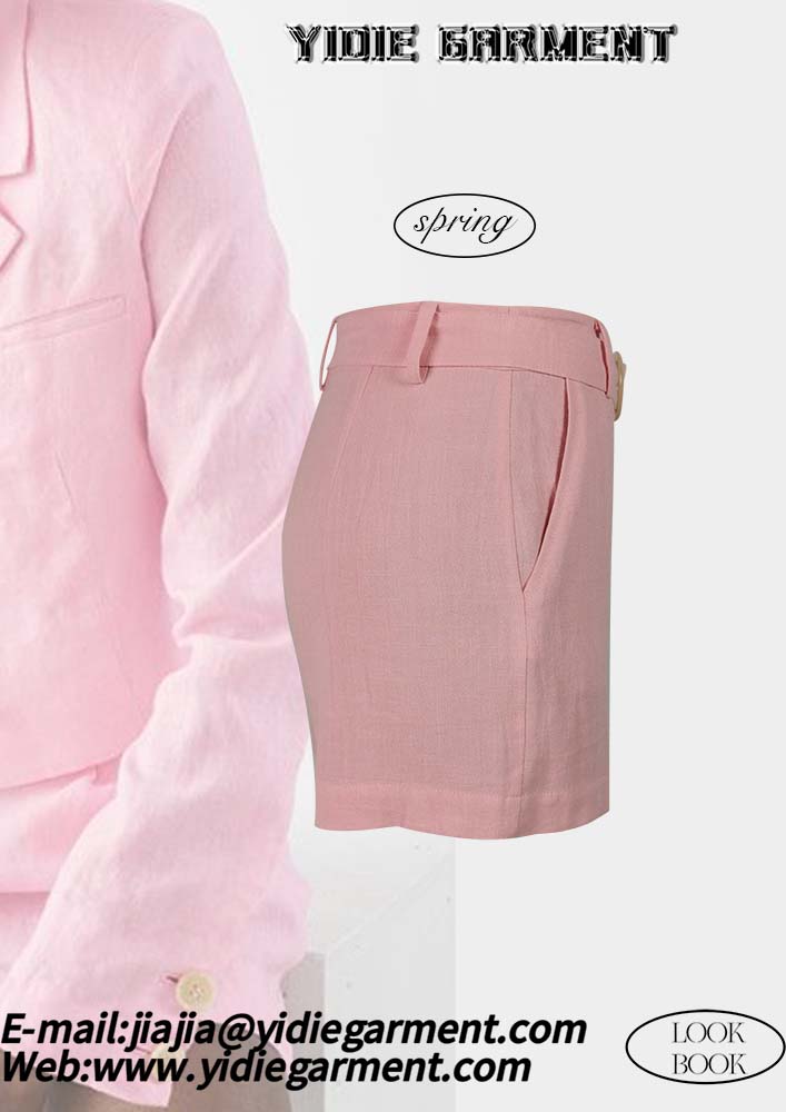 Women's Pink High-waisted Linen Pleated Shorts