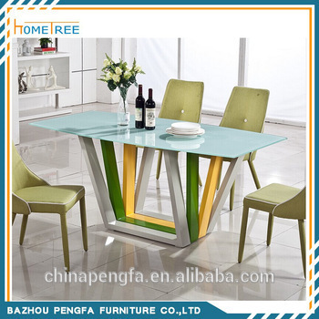 2015 colorful metal dining table, glass dining table, fancy dining room furniture