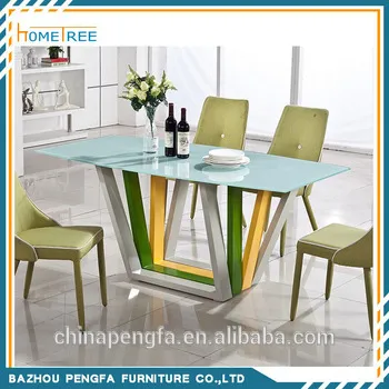 2015 colorful metal dining table, glass dining table, fancy dining room furniture