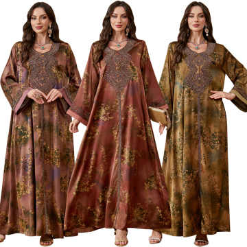 Printed Embroidered Kaftan Abaya Maxi Dress Women Eid