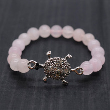 Pulsera de piedras preciosas elásticas de cuarzo rosa 8 mm de cuarzo rosa con pieza de tortuga de aleación Diamante