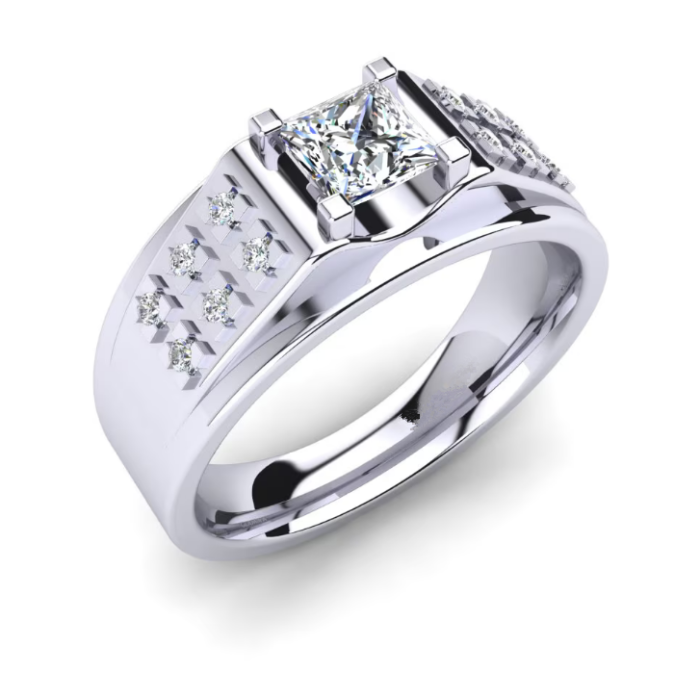 Anillo cuadrado de diamantes de laboratorio para hombre con hombros en forma de rejilla espejada