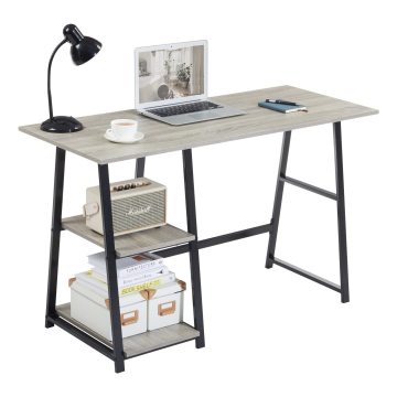 Scandinavian Farmhouse Grey and Oak Computer Desk with Metal Legs - 2 Shelves for Home Office