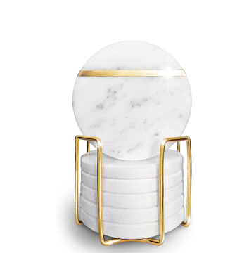 Gold Frame Round Marble Coasters Set of 6 with Brass Stripe Inlay