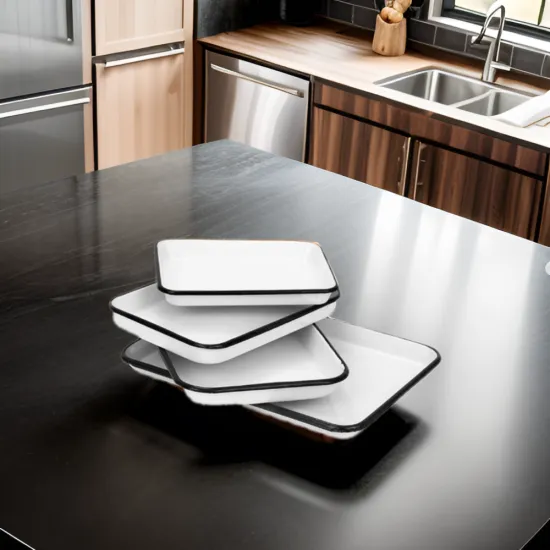 Vintage Carbon Metal Baking Tray Food Grade Nonstick Enamel Square Serving Dish for Kitchen and Bakery Use White Print