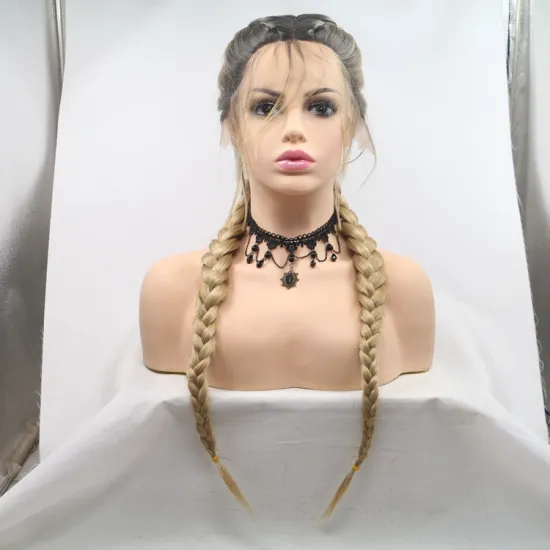 Long straight ombre black blonde cheap wholesale high quailty heat resistant synthetic jumbo braided wig with lace front