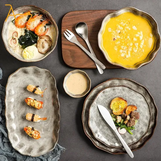 Wholesale Grey Color Porcelain Dinnerware Set: Creative Design Irregular Ceramic Restaurant Plates