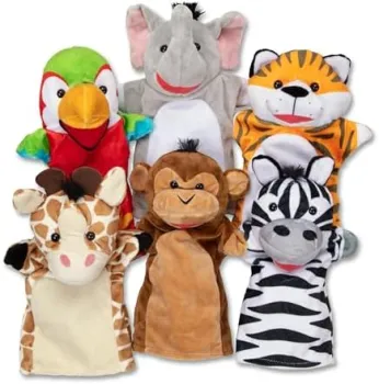 Soft Plush Animal Hand Puppets for Toddlers: Elephant, Tiger, Parrot, Giraffe, Monkey, Zebra