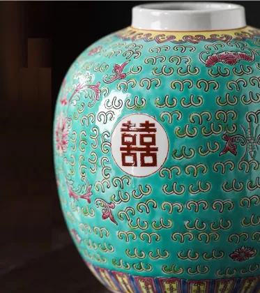 Antique Chinese Hand-Painted Double Happiness Ceramic Tea Canister