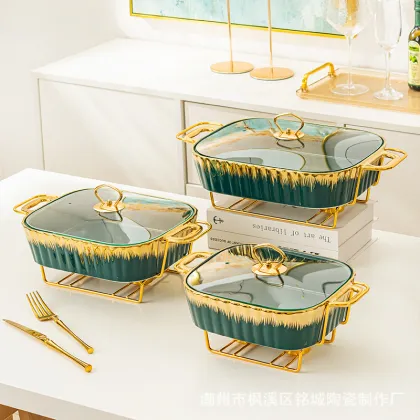 Luxury Rectangular Ceramic Dry Pot Food Warmer Set