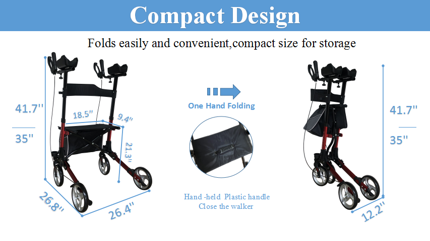 Upprätt vandrare för 300 kg lång vandrare med metallhjul stand-up folding rollator walker tillbaka upprätt rullande rörlighet promenad