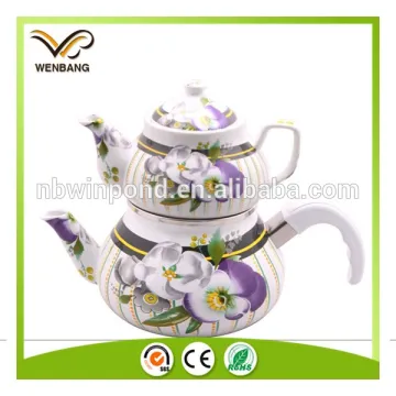 2015 new style plastic handle ceramic enamel double tea pot kettle