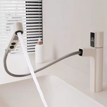 Meiyani Deck Mounted Pull Out Basin Mixer Faucet with Temperature Digital Display