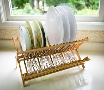 LFGB SGS Bamboo Scissor Style Folding Dish Plate Rack Flatware Holder