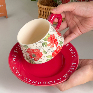 New Arrival French Vintage Red Peony Ceramic Coffee Mug and Saucer Set