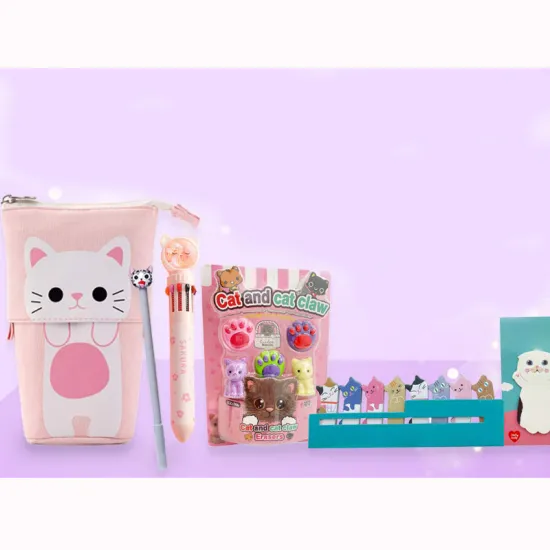 Cute Cat Themed Stationary Set with Pop Up Pencil Case, Pens, Stickers, Notes & Erasers