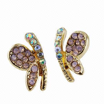 Golden Alloy Butterfly Crystal Stud Earrings, Fashion Design