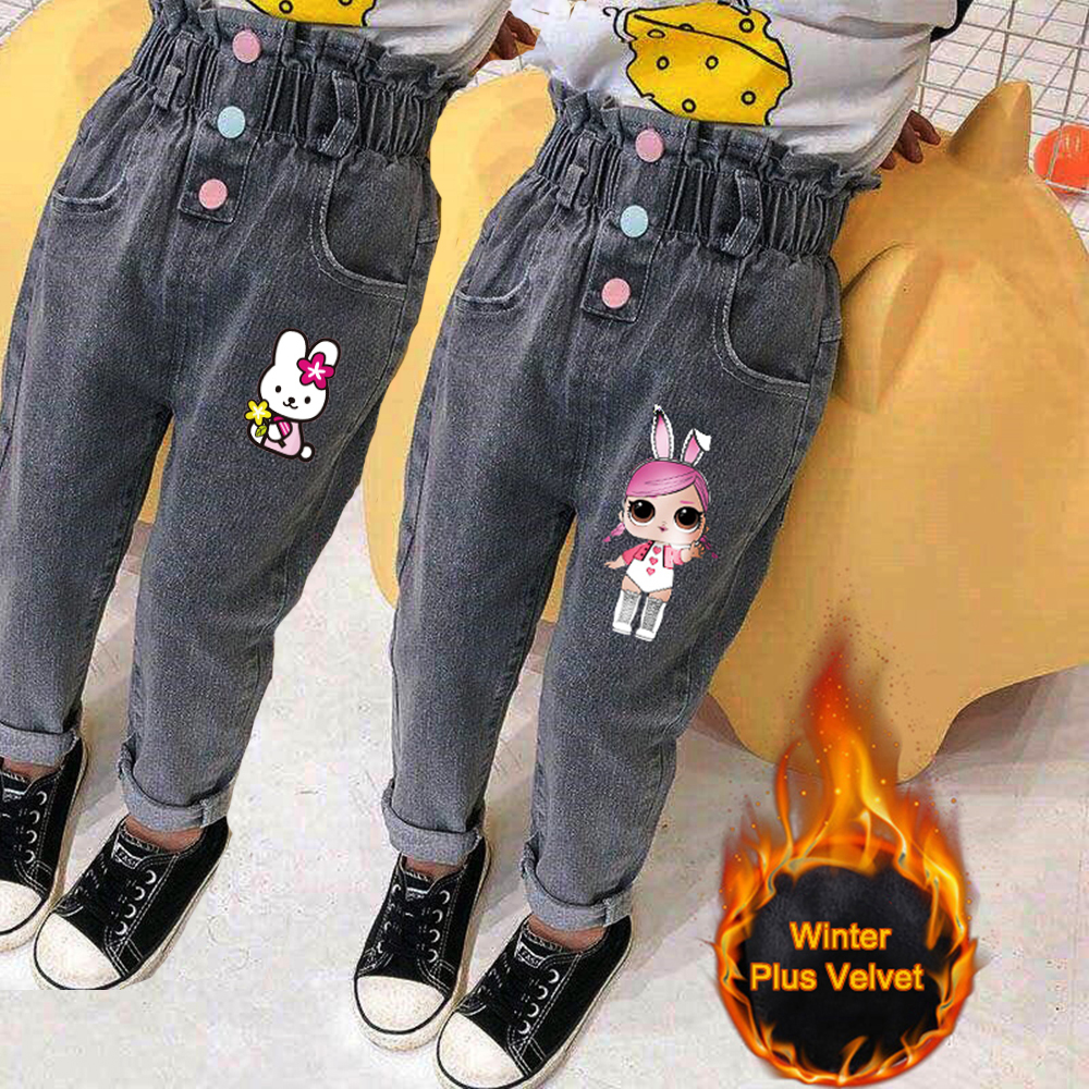 2020 Winter Kids Jeans Girl Print Jeans For Girls Fashion Waist Girls Jeans Pants velvet warm Casual Girls Clothes 1-8Years