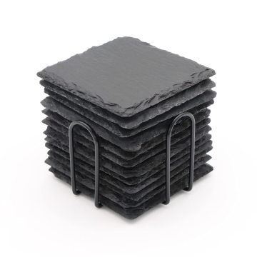 Black Slate Coasters Set with Holder - 12 Engravable Blank Coasters with Scratch-free Clips