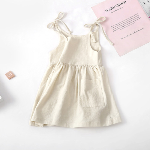 Girls' summer solid cotton linen suspender dress