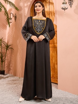 Embroidered Abaya Satin Jacquard Fabric Sequin Lace Detail