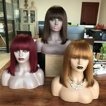 Factory wholesale 4# 27# 99j# colored Wigs with no Lace, remy hair wigs with bangs, peruvian human hair wig with bangs