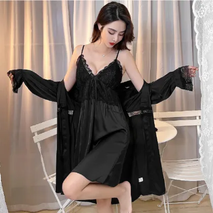 Womens Satin Nightgown with Solid Lace Silk Like