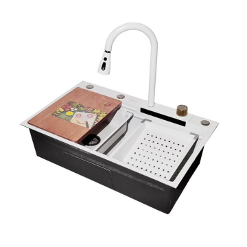 SUS304 Stainless Steel Multifunction Smart Kitchen Sink with White Finish and Waterfall Faucet