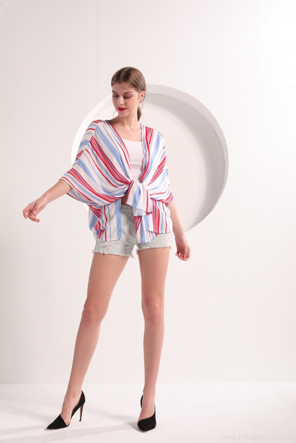 Open Front Stripe Short Sleeve Kimono