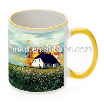 MEIKEDA 11oz ceramic coated mug with yellow Rim&Handle For Heat Transfer printing