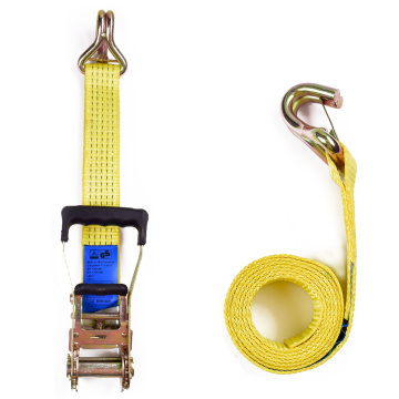 2" 5 Ton 50mm Rubber Handle Ratchet Buckle Tie Down Yellow Straps With 2 Inch Double J Hooks Safety Latch