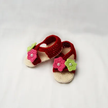Red dark baby girl shoes crochet baby sandals handmade