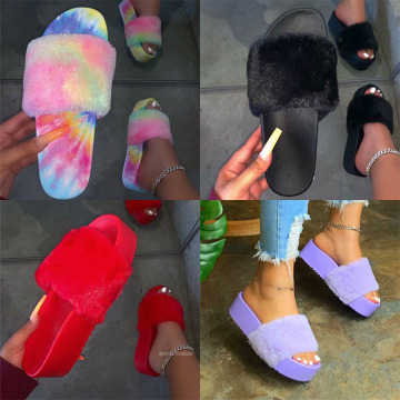 Sandals Plush Faux Fur Women Shoes Female Slippers Outdoor Platform Woman Slipper Casual 2020 Fashion Autumn Ladies Flat Shoes