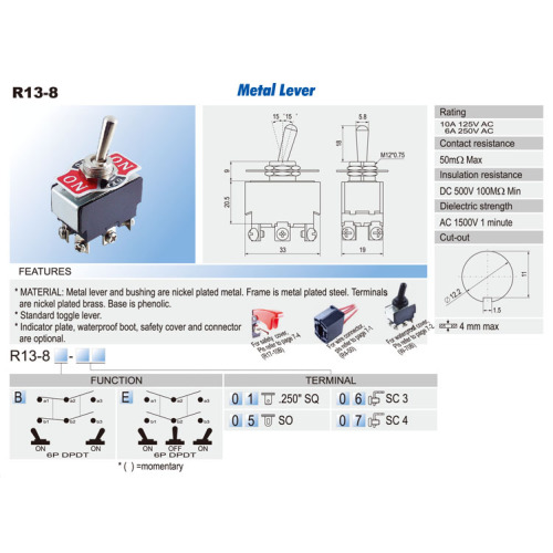 15A 250V On-Off na trava do interruptor de alternância 6 pinos