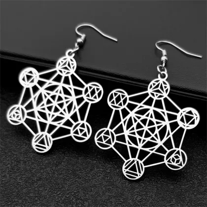 Stainless Steel Silver Metatron Cube Earrings with Star of David