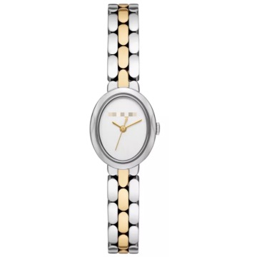 Reloj de cuarzo para mujer con esfera blanca y acero inoxidable mini ovalado de dos tonos de 20,5 x 25,5 mm
