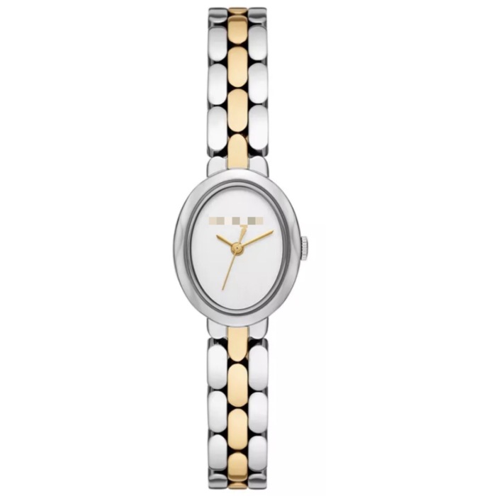 Reloj de cuarzo para mujer con esfera blanca y acero inoxidable mini ovalado de dos tonos de 20,5 x 25,5 mm