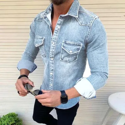 Men's Slim Fit Denim Jacket - Casual Long Sleeved Shirt Jacket