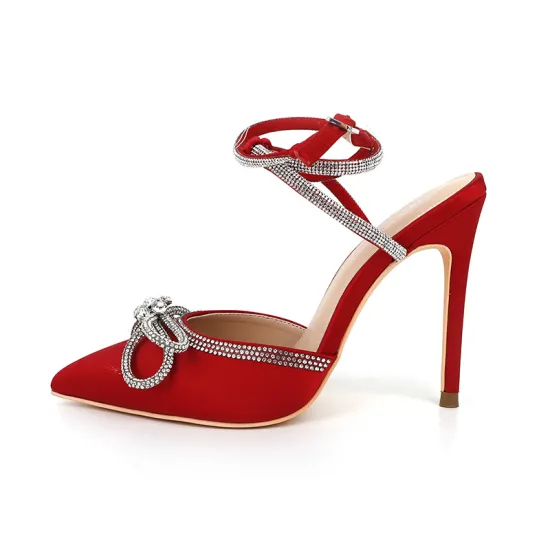Pointed-Toe Rhinestone Bow Backless Heels