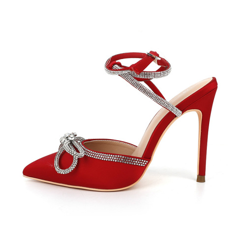 Pointed-Toe Rhinestone Bow Backless Heels