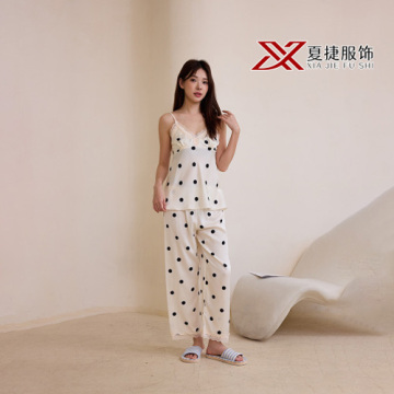 Polka Dot Satin Loungewear Set with Lace Trim