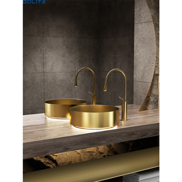 Golden Fashion Style 304 Stainless Steel Round Bathroom Countertop Sink with Bottom Light