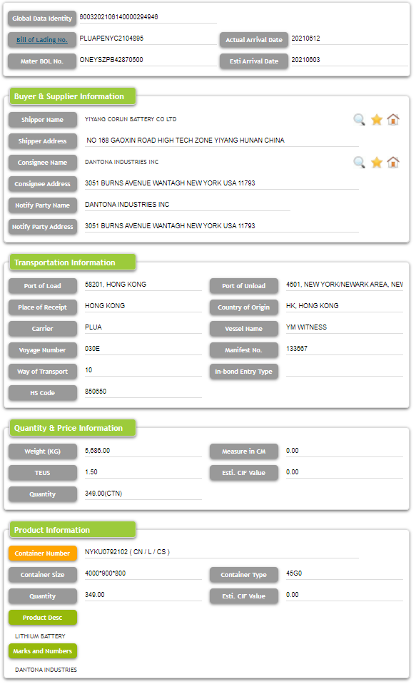 LITHIUM BATTERIJ VS Import handelsgegevens