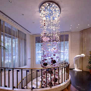 Custom Modern Hotel Stair Lighting: Long Crystal Ball Chandelier for Small Blue Glass