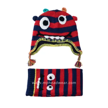 100% Acrylic Earflaps Beanie Hat and Scarf