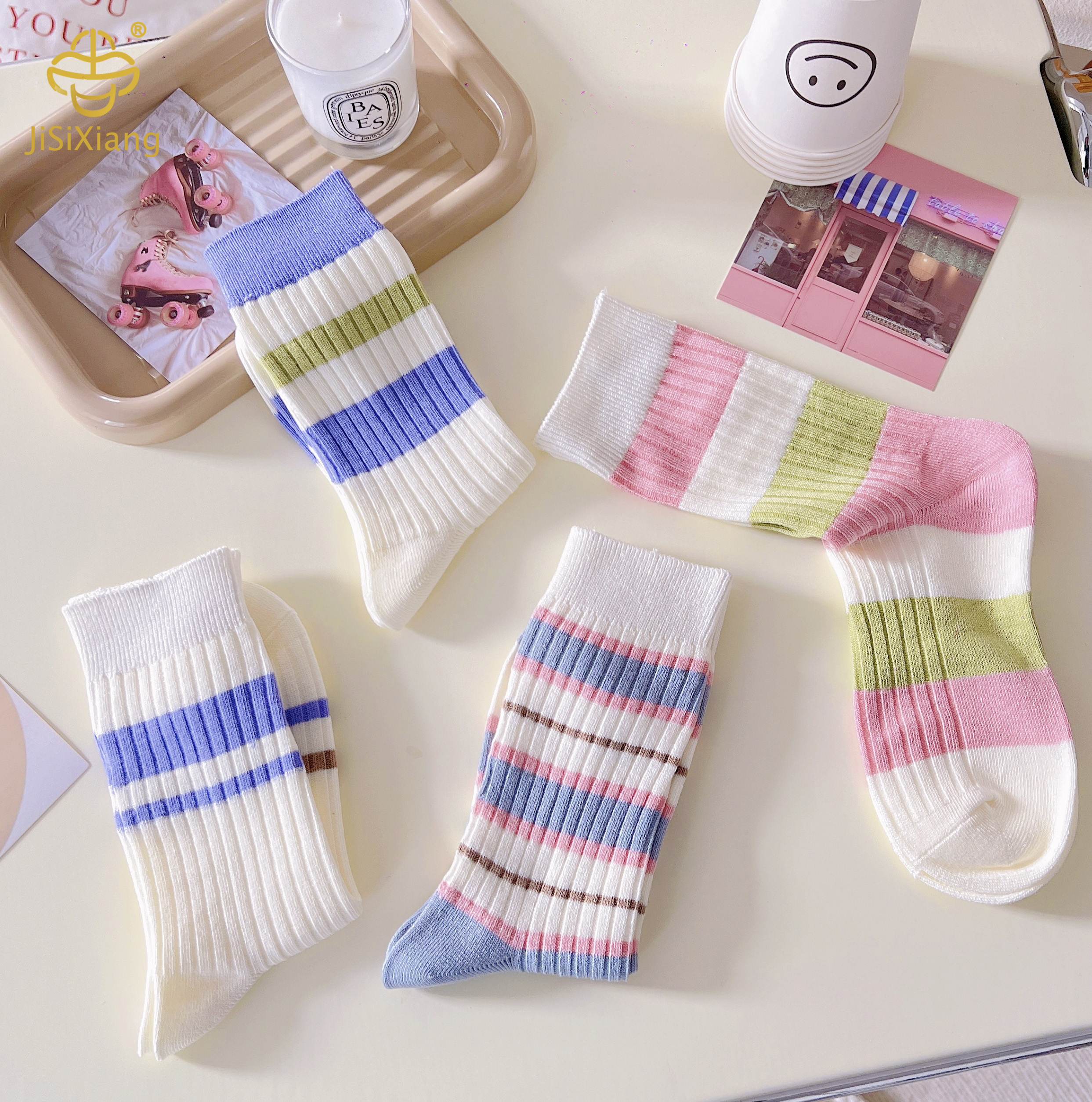 version letter embroidery mid tube socks striped sock
