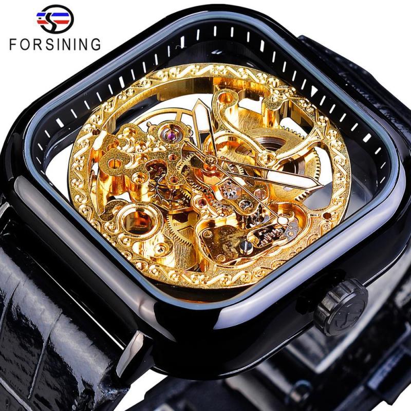 Forsining 2020 Waterproof Gold Men's Watch with Square Dial and Automatic Mechanical Movement