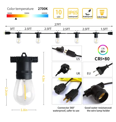 27FT 10 Bulbs UK Plug AC 220-240V LED Lighting Outdoor Balcony Garden Festoon Lights