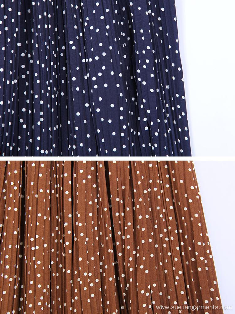 Printed Polka Dot Elastic Polyester Pleated Long Skirt